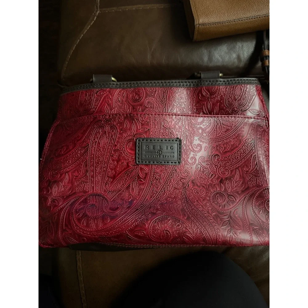 Relic by Fossil Red Embossed Paisley Satchel Handbag Brown Trim Boho Tote Bag
